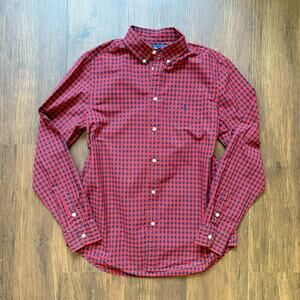 Ralph Lauren Red Navy Gingham Check Button-Down Oxford Shirt Size Boys XL 18-20